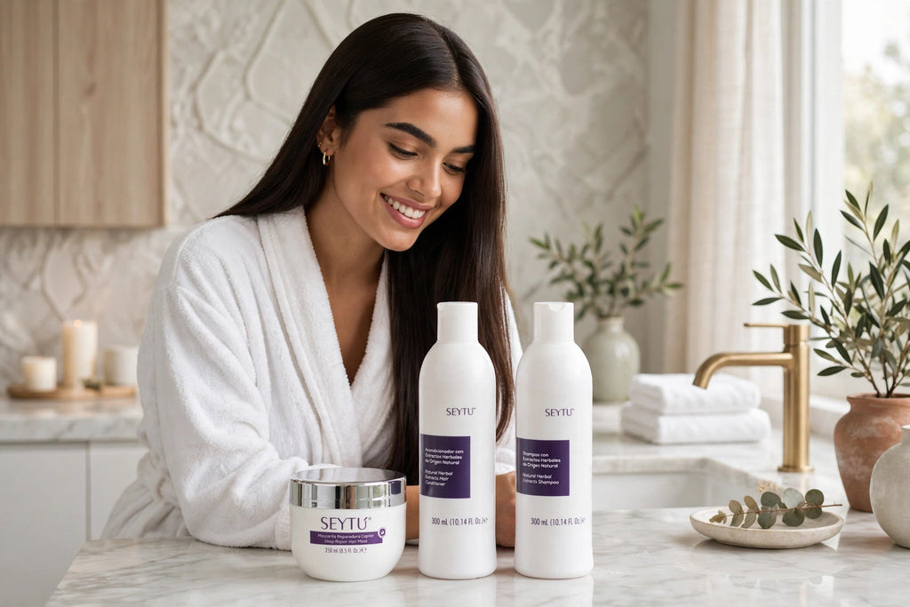 Kit Capilar SEYTU - modelo con cabello brillante y los tres productos