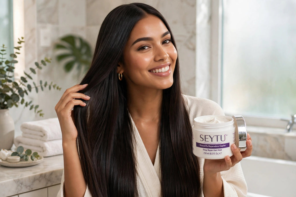 Mascarilla Reparadora Capilar SEYTU - modelo con cabello brillante